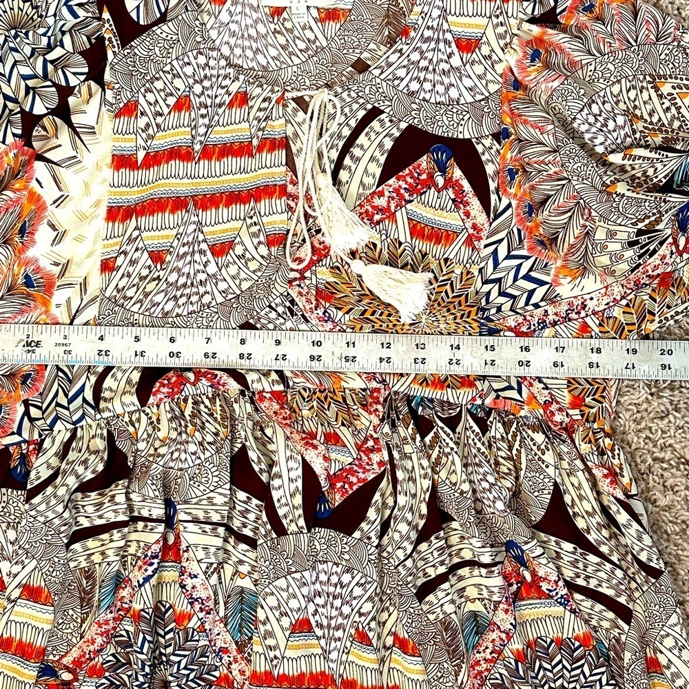 Umgee Tan/Multicolor Bohemian Print Bishop Sleeves Dress with Tassle Ties Sz L - Picture 13 of 14